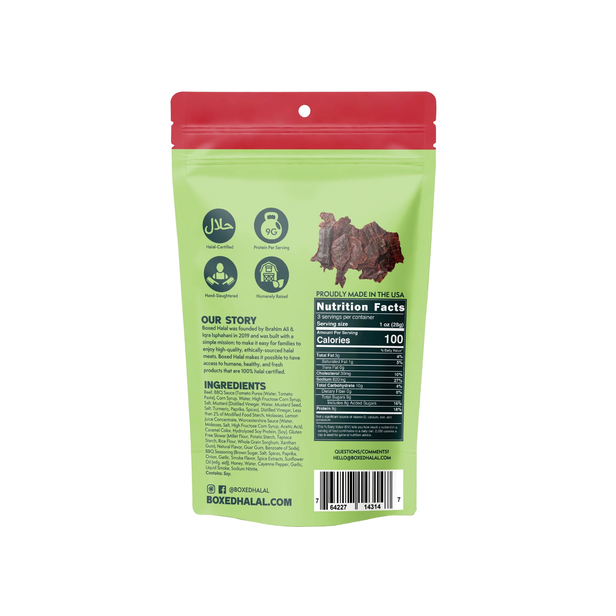 BOXED HALAL Premium 100% Grass-Fed BBQ Beef Jerky Strips, 13g Protein, HFSAA Certified Halal, Keto Friendly Snack, 3 Oz. Bags (3 Pack)