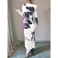 thumbnail image 6 of Women'S Bodycon Maxi Dress Fall Spring Fashion Long Sleeve Floral Print Tight Fitted Party Club Ruched Dresses Purple S, 6 of 7