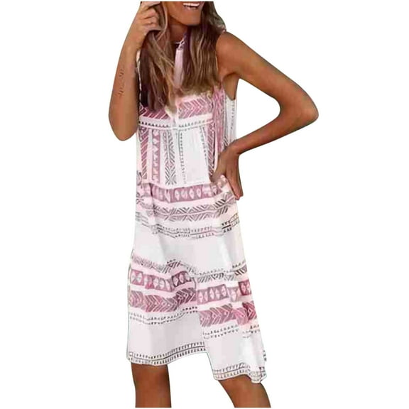 Summer Saving Wycnly Sundresses for Women Sleeveless V-Neck Geometric Print Knee-Length Dresses Loose Ruffle Hem Plus Size Vintage Midi Summer Dress Pink Up to 65% off