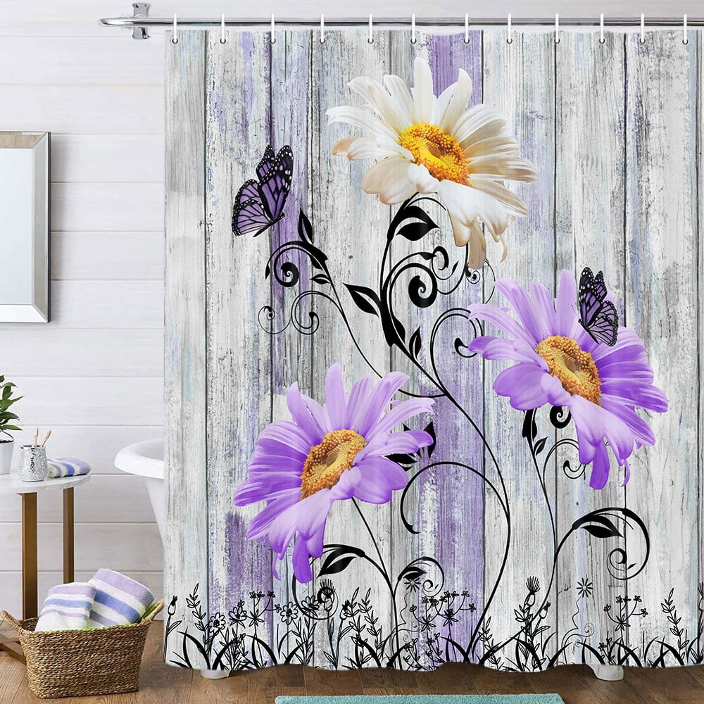 Rustic Farmhouse Floral Shower Curtain Sets, Vintage Gray Wooden Board ...