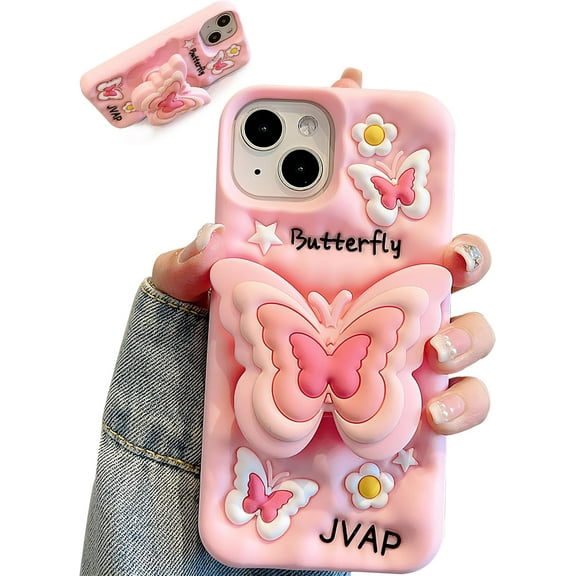 Kawaii 3D Butterfly Phone Case for iPhone 15 Pro Max (with Retractable Phone Stand & Grip) Cute Girly Cartoon Soft Silicone Phone Cover for Girls, Boys, Kids, Teens, and Women, Pink