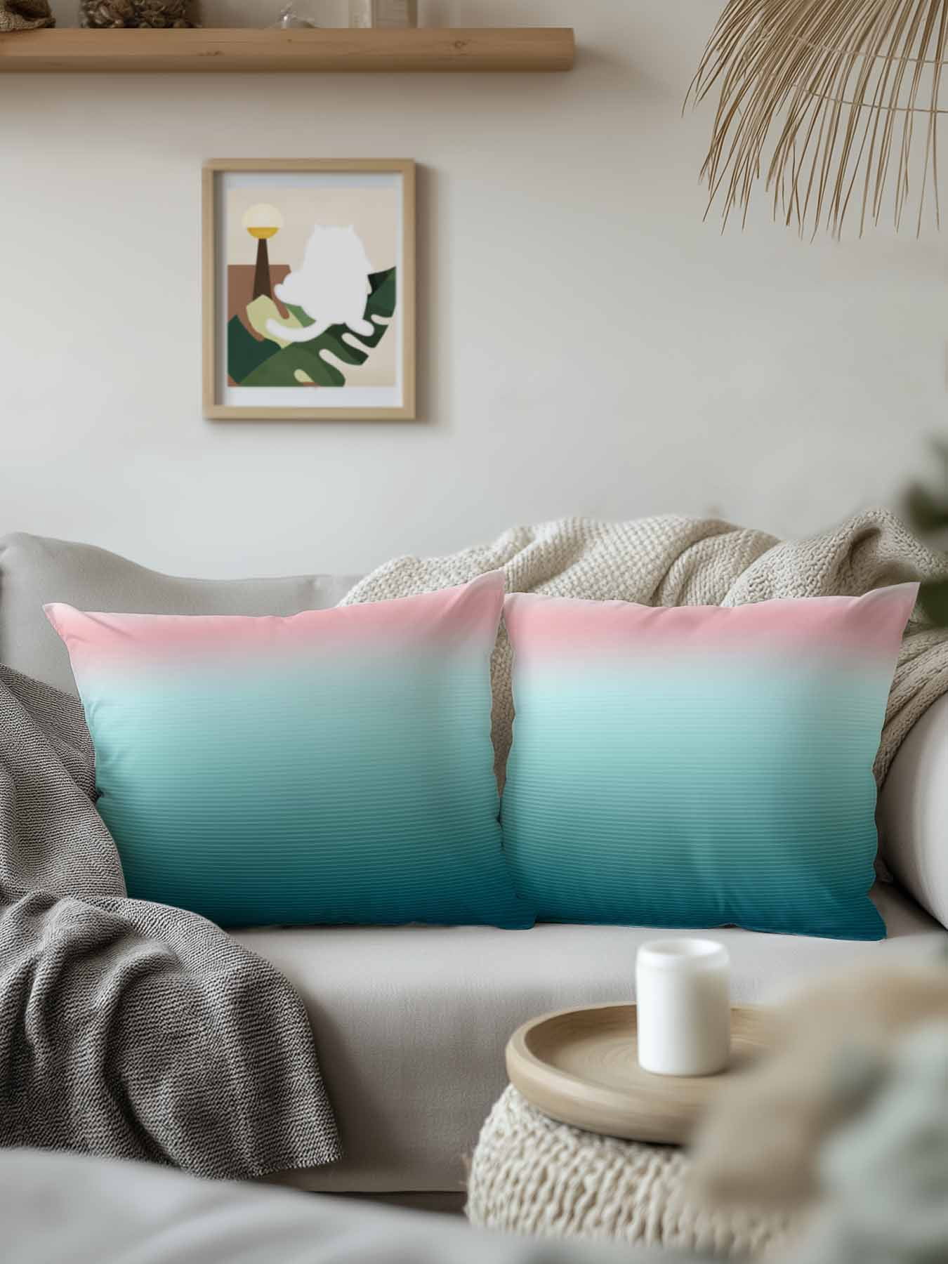 1 Pack Outdoor Throw Pillow, Pink Turquoise Ombre Waterproof Pillow with Insert Included, Teal Modern Geometric Striped Abstract Art Decorative Accent Cushion Sofa Pillows for Patio Porch, 16 x 16 In