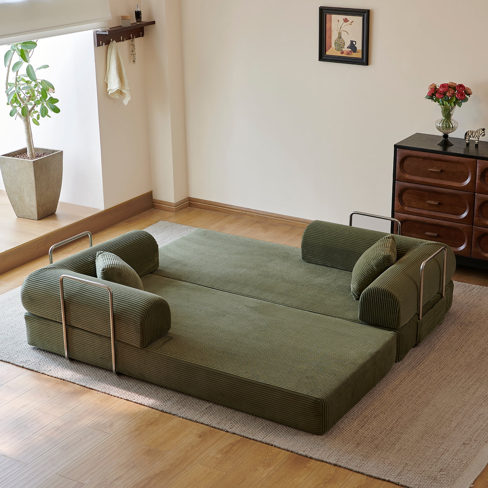 Howcool 79" Boneless Sleeper Sofa Bed, 2-in-1 Pull Out Convertible Loveseat Couch with 2 Throw Pillows, Corduroy Futon Floor Sofa for Living Room, No Assembly Required, Green
