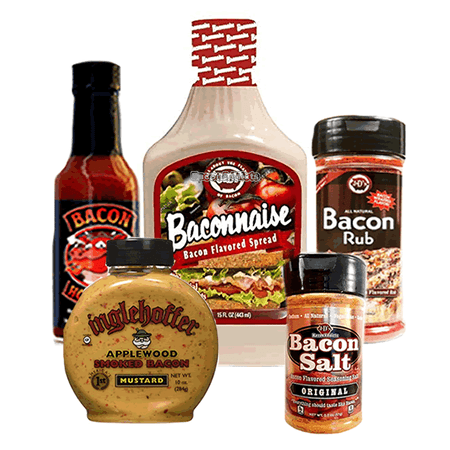 Bacon Condiment Sampler Pack (5pc Gift Set) Baconnaise Bacon Mayo, Bacon Rub, Bacon Hot Sauce, Bacon Mustard & Bacon