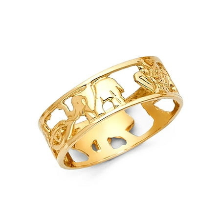Symbol Cut Out Ring - Good Luck Symbols Ring Solid 14k Yellow Gold Lucky Charm Band Open Design Polished Genuine 6MM