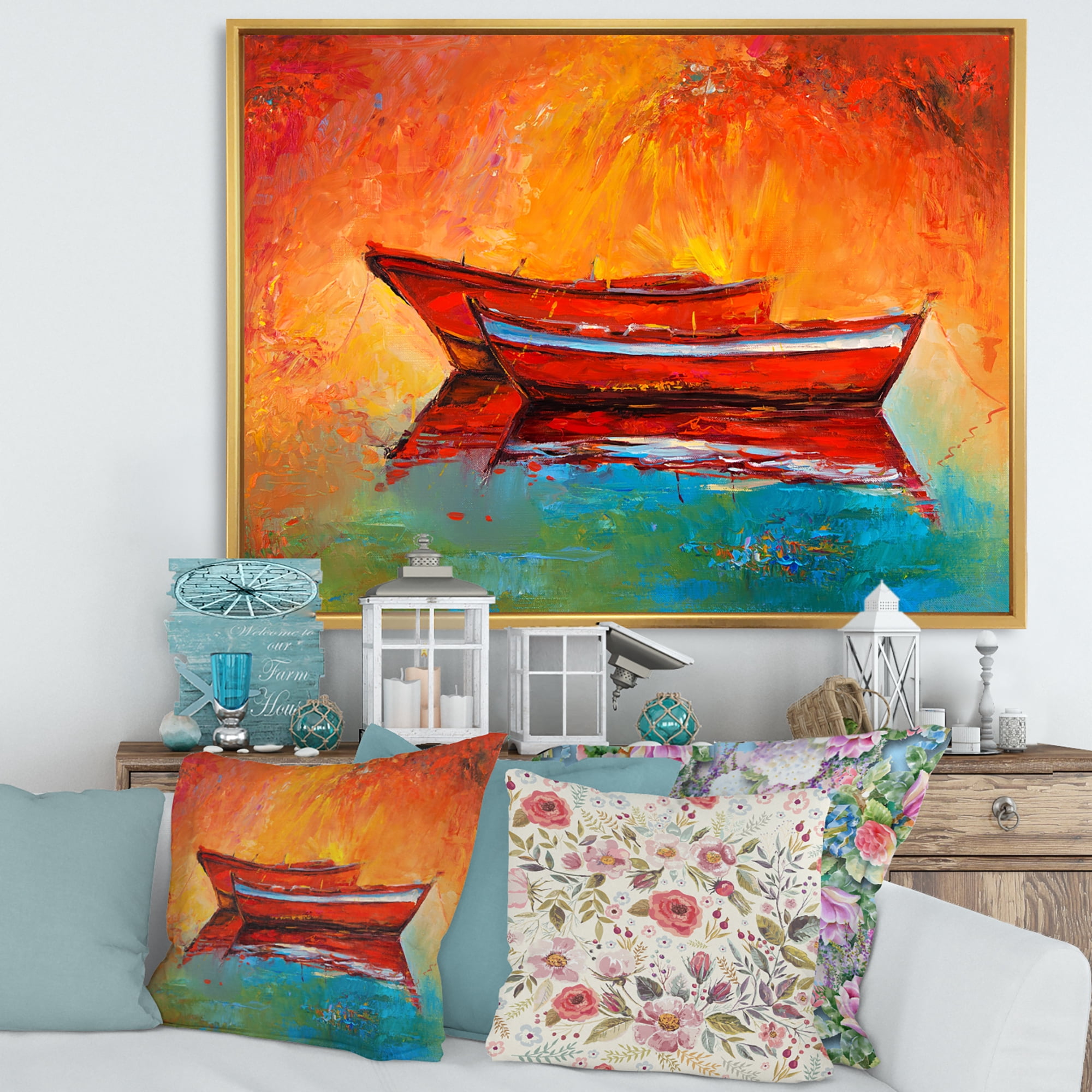 Designart 'Two Red Boats During Sunset In Lake' Nautical & Coastal Framed Canvas Wall Art Print