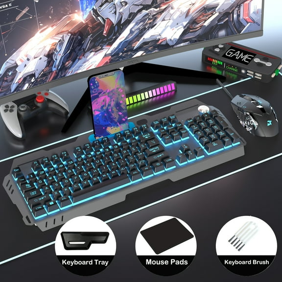 Corded 5-in-1 Gaming Keyboard & Mouse Set – Metal Panel Mechanical Keyboard (Removable Hand Rest)   6D Mechanical Mouse, With Mouse Pad & Keyboard Brush for PC Gamers​
