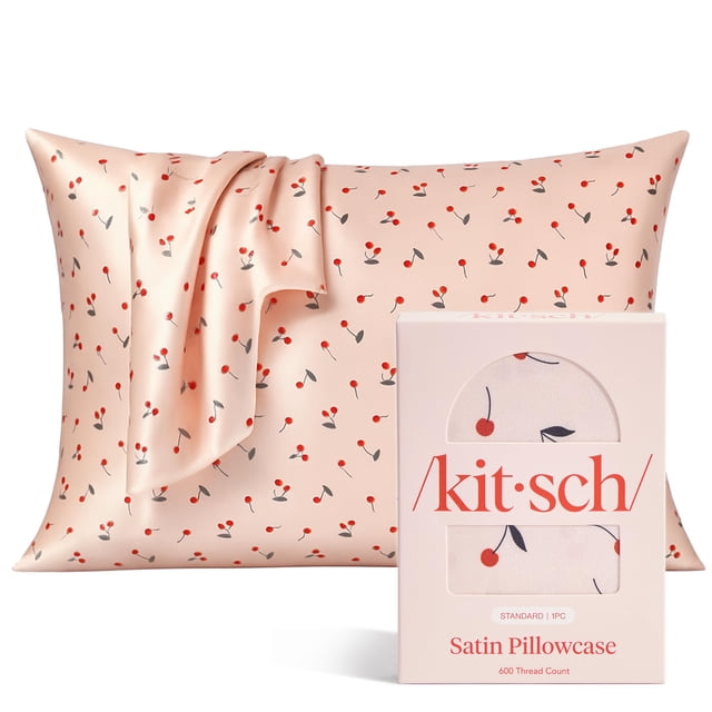 Funda de almohada satinada con estampado de cerezas kitsch, tamaño queen, 50 x 66 cm