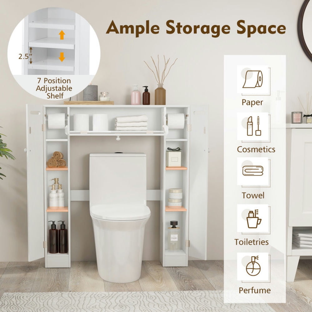 Finihen Toilet Storage Cabinet, Bathroom Cabinet Organizer, Over The Toilet Bathroom Cabinet with Adjustable Shelves and Paper Holder, for Bathroom, White