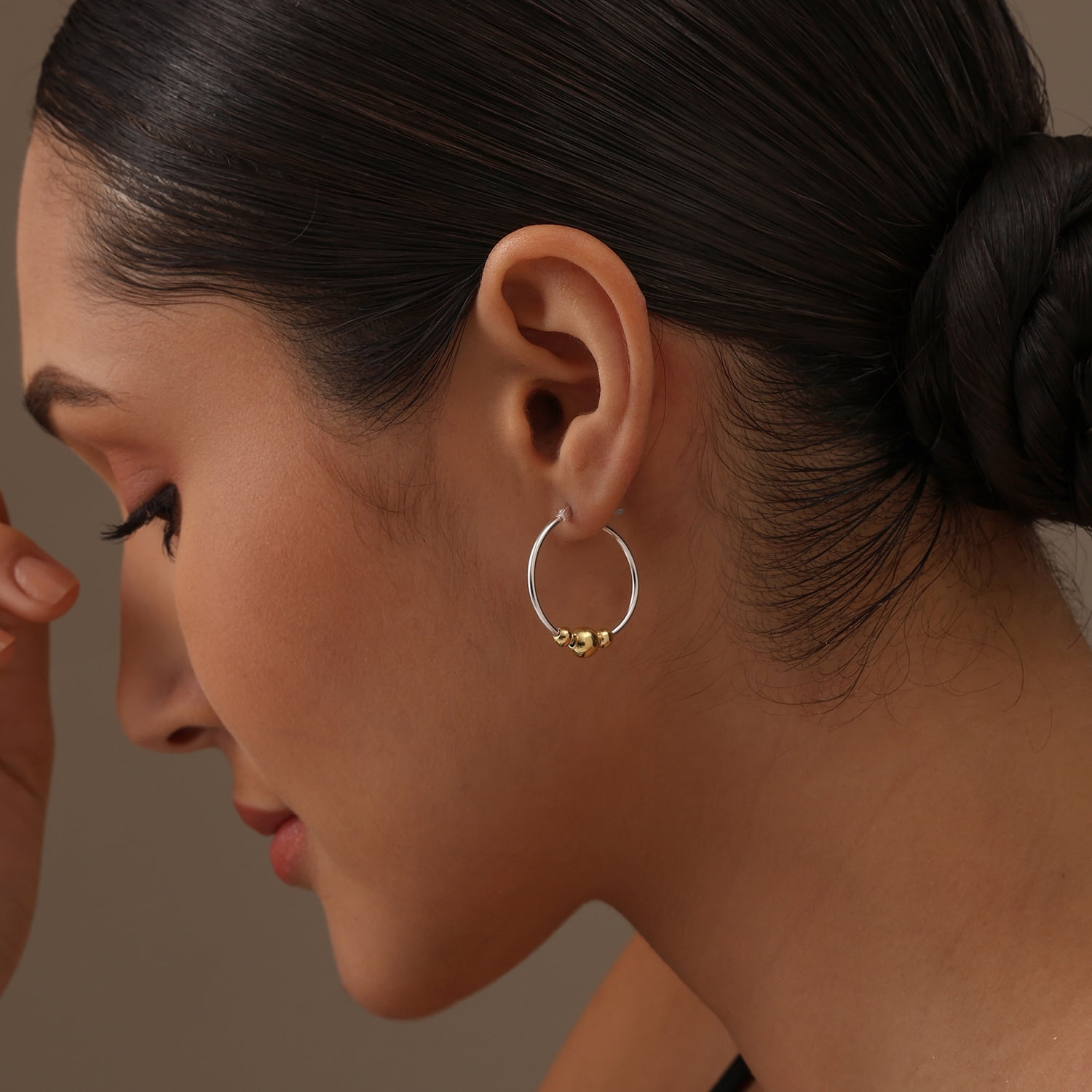 LeCalla 925 Sterling Silver two tone Jewelry Bead Hoop Earring for Women and Teen 25MM