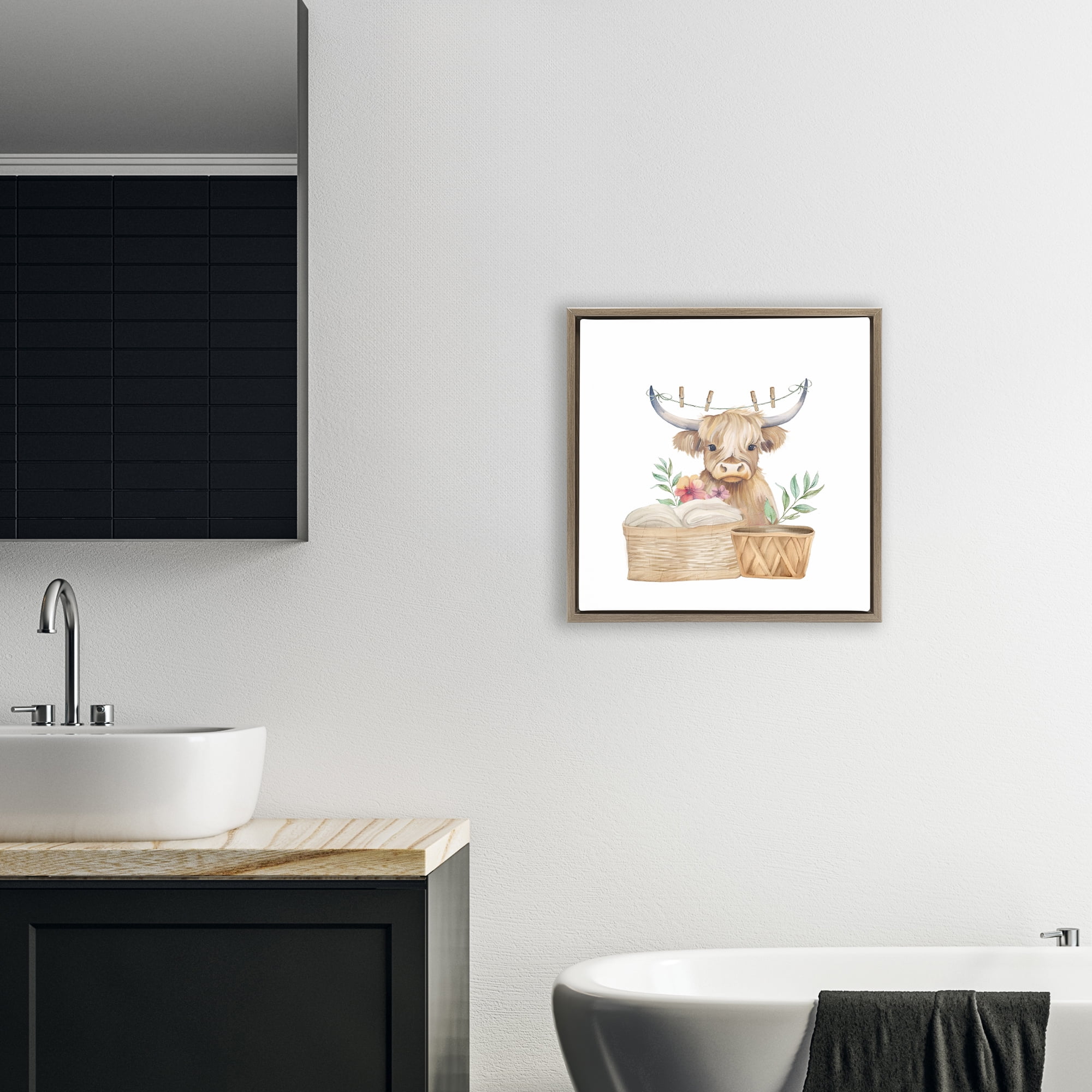Laundry Day Baby Cattle Brown Framed Floater Canvas Wall Art, design by Kim Allen