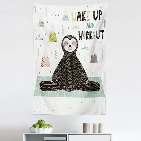 Funny Sloth Tapestry, Wake up and Work out Lettering Morning Yoga Challenge Print, Fabric Wall Hanging Decor for Bedroom Living Room Dorm, 5 Sizes, Charcoal Grey Multicolor, by Ambesonne