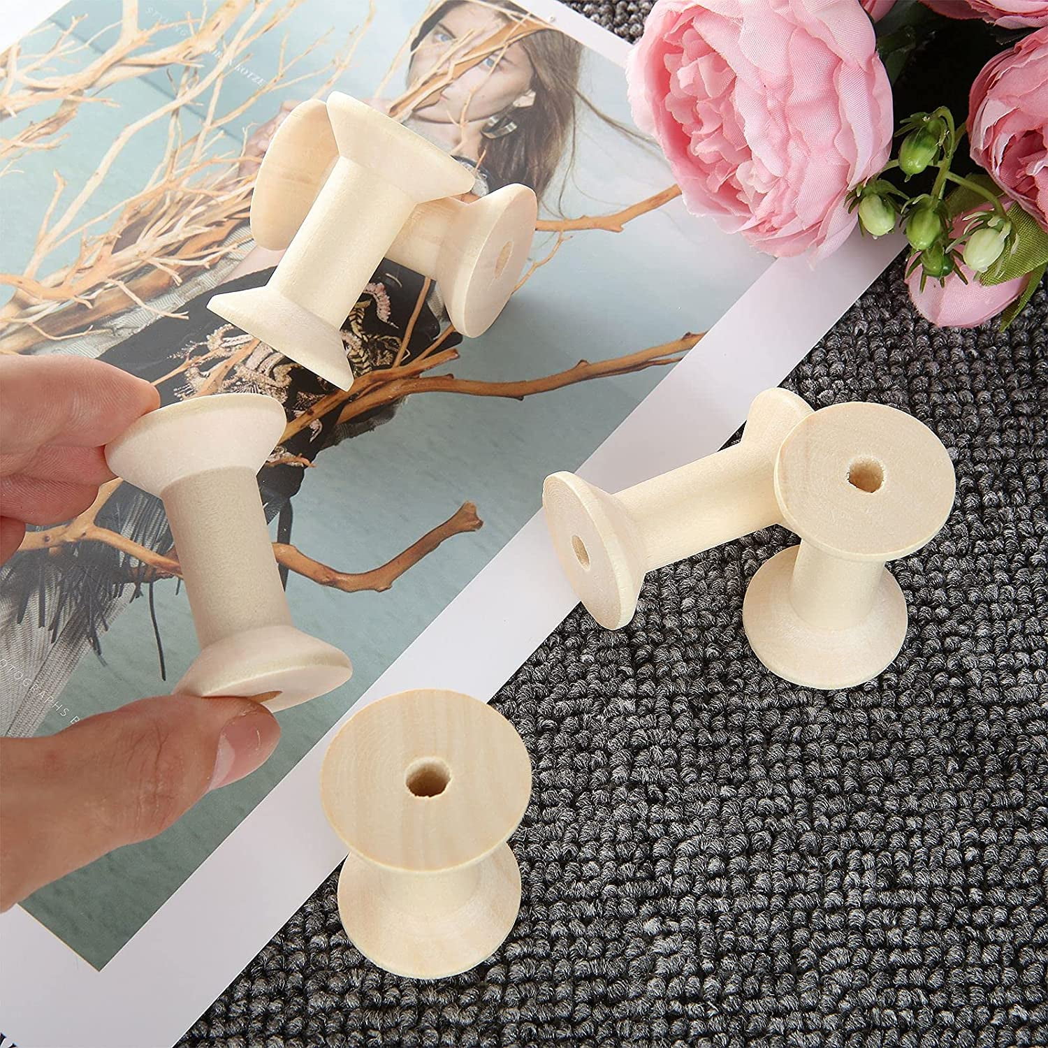ABPETE 40PCS Wooden Spools for Crafts 2 Inch, Empty Thread Spools for Crafts, Splinter- Free Unfinished Wood Spools for Embroidery and Sewing Machines