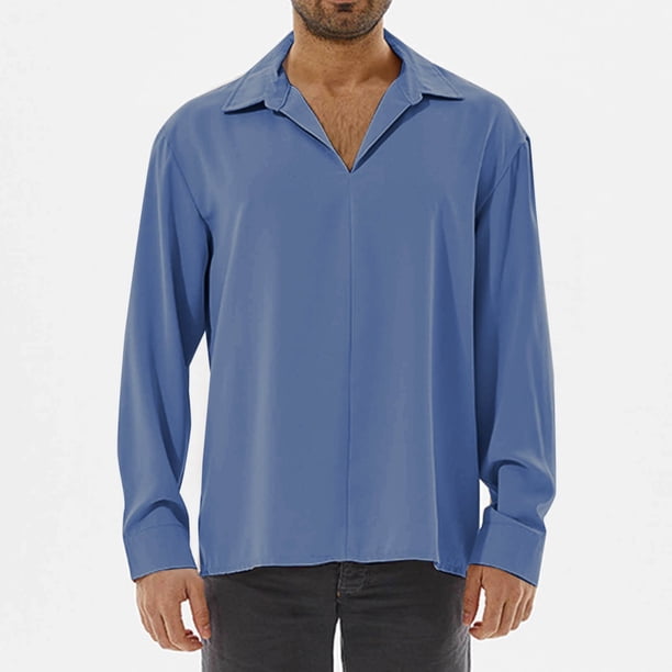 Blusa y camisa de manga larga con cuello vuelto para hombre, informal, de color liso, semiabierta, de poliéster