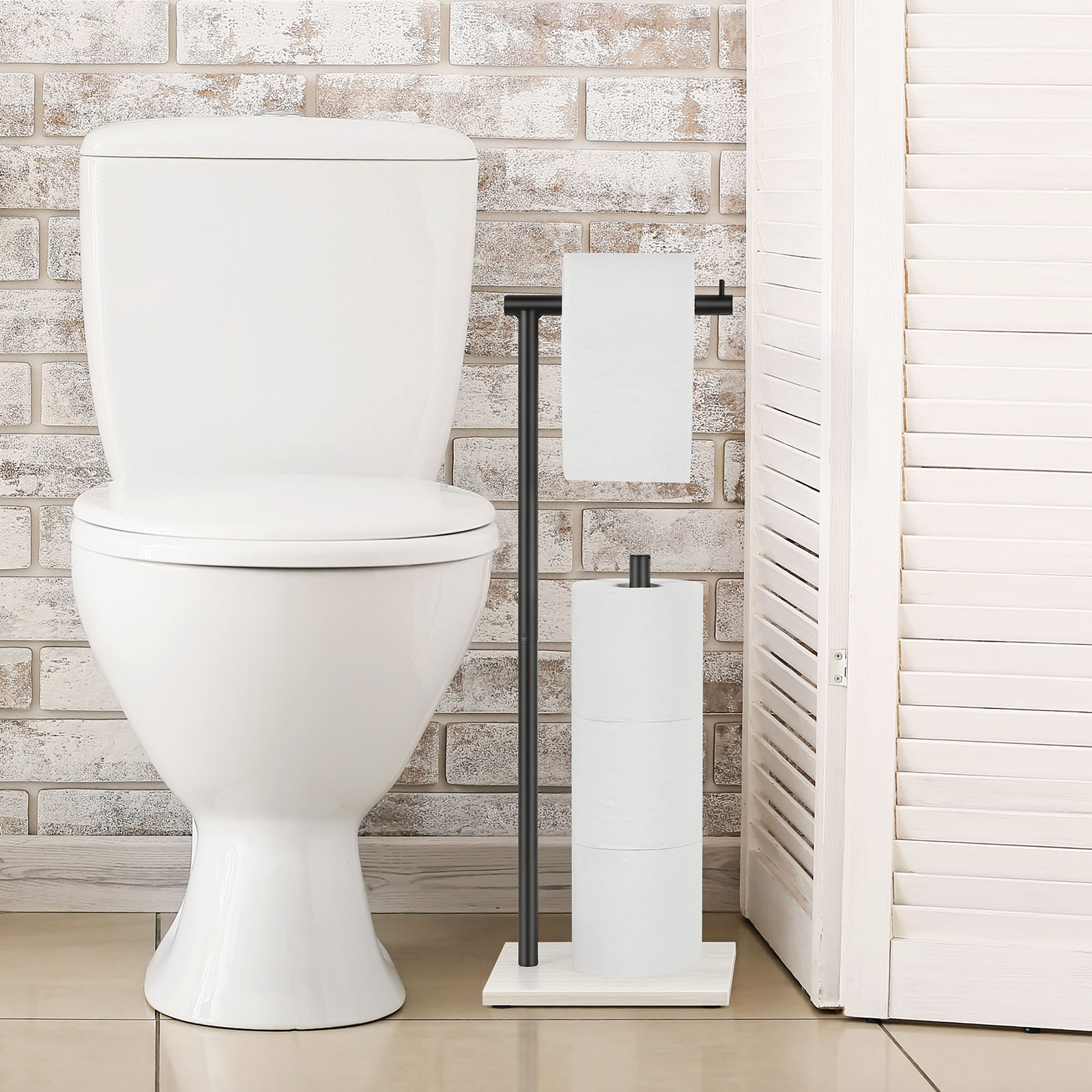 Free Standing Toilet Paper Holder with Wood Base, Black