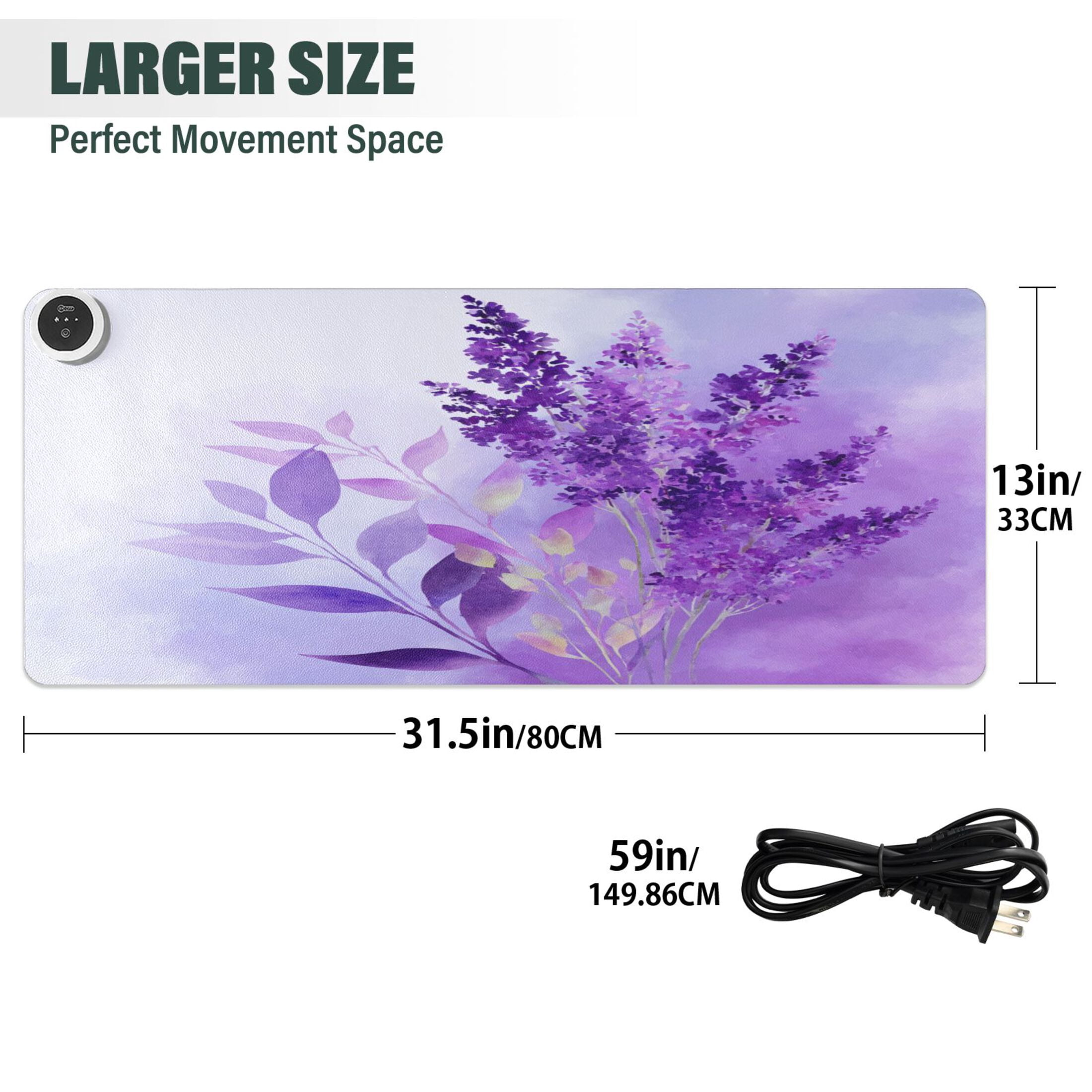 Large Heated Desk Mat Mouse Pad 31.5"x13"PU Leather Graphene Heating Desk Warmer with 3 Temperature Settings 110V US Plug Non-Slip Warm Pad for Home, Office, and Gaming Watercolor Lavender Clip Art