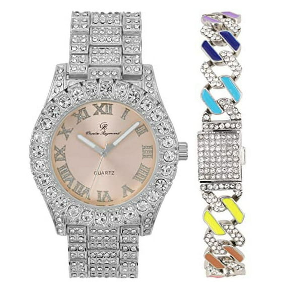 Charles Raymond Women's Big Rocks Bezel Colored Dial with Roman Numerals Fully Iced Out Watch w/Rainbow Cuban Bracelet - ST10327LA (Rainbow Silver - Blush)