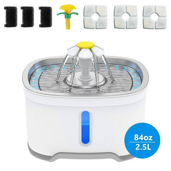 Behome 84oz/2.5L Cat Water Fountain Stainless Steel, Automatic Pet Fountain with Water Level Window & Led Light, Dog Water Dispenser with Replacement Filters for Cats, Dogs, Multiple Pets (White)
