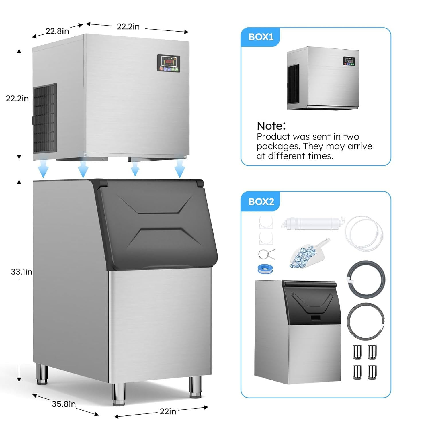 Joreek Commercial Ice Maker 680 LBS/24h with 560 LBS Storage Bin, 156 Ice Cubes Ready in 5-15 min, Stainless Steel Industrial Ice Machine 30 Adjustable LCE Thicknesses for Bar Restaurant Cafe