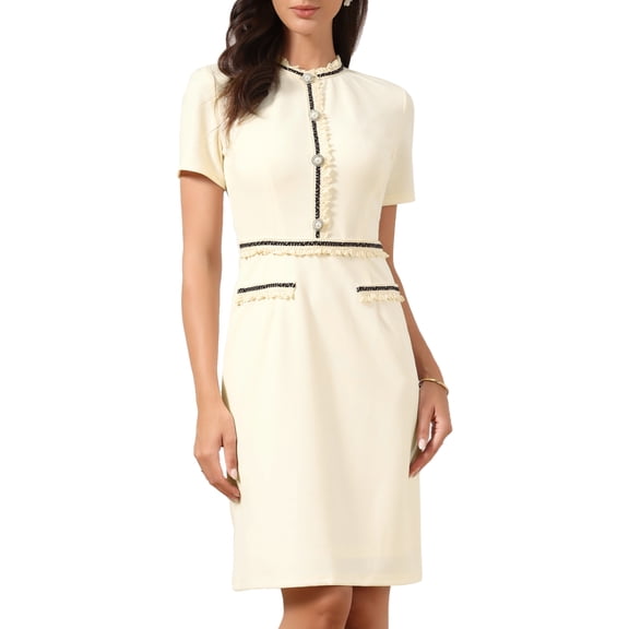 DARING DIVA Women's Knee Length Short Sleeve Crew Neck Work Sheath Dress XS White Cream