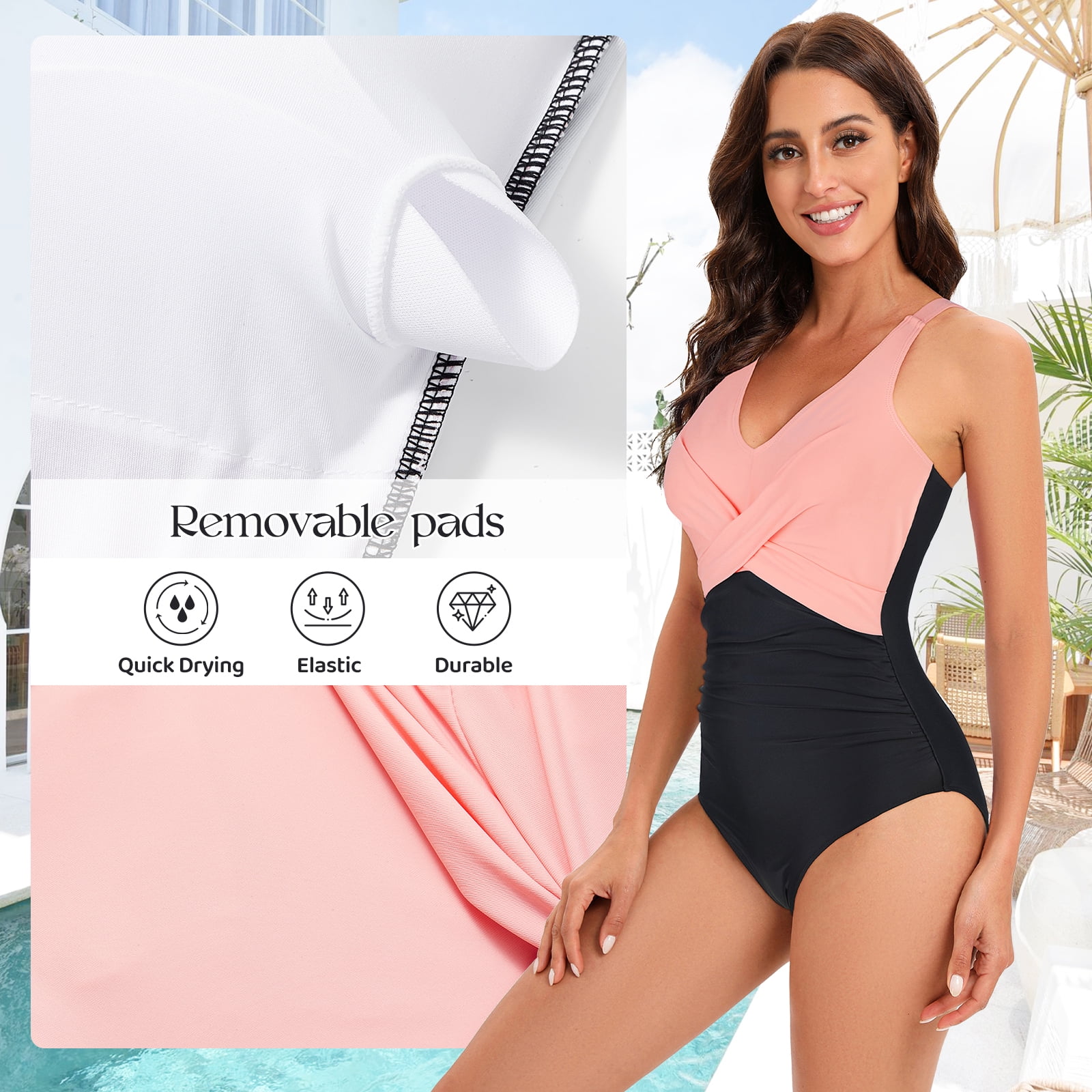 Zando Plus Size One Piece Swimsuit for Women V Neck Tummy Control Bathing Suit Crossover Ruched Stripe Women Swimwear Pink Black 3XL