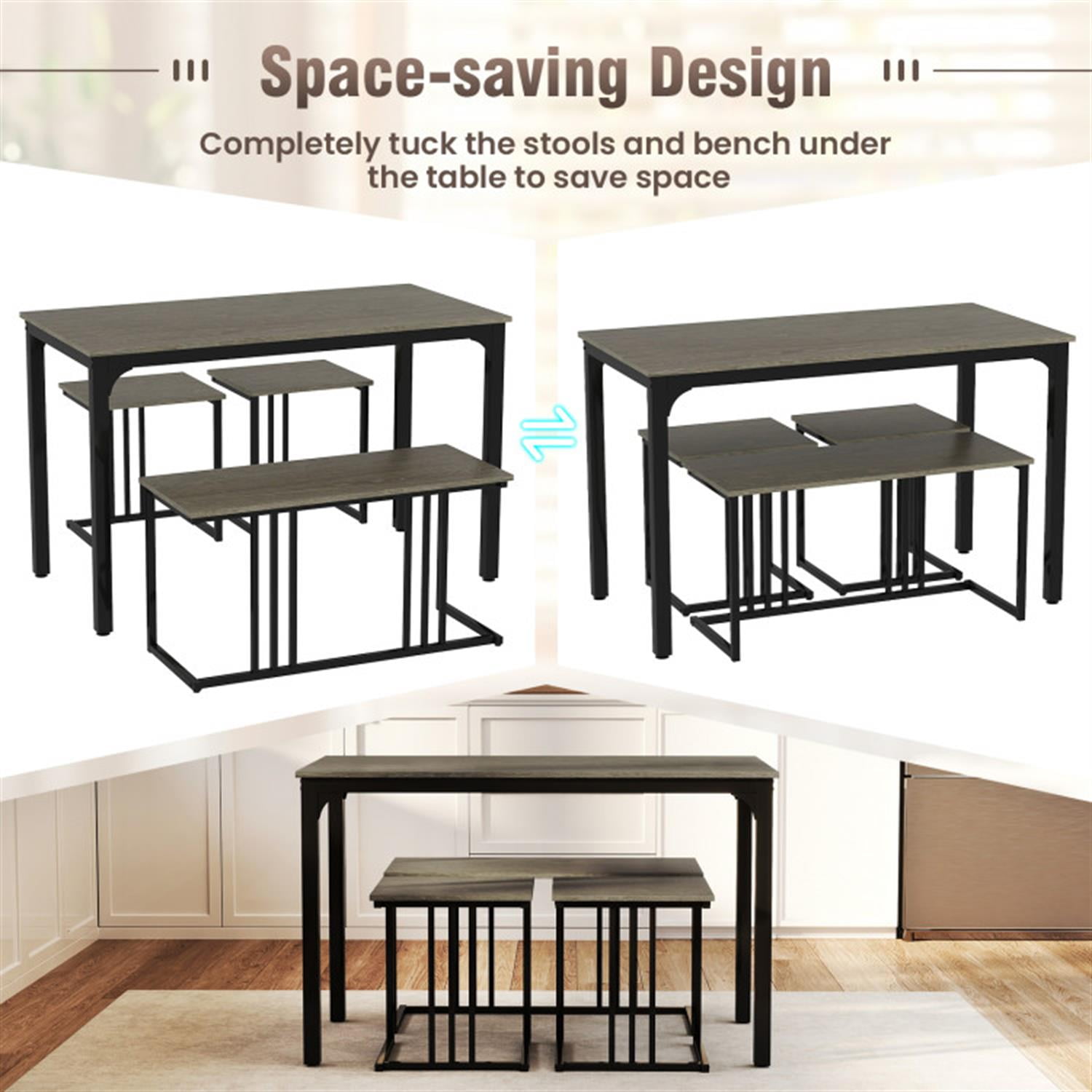 Demi Bonn 4-Piece Dining Table Set with Bench and 2 Stools, 47"dustrial Kitchen Table with Metal Frame, Perfect for Small Space, Gray