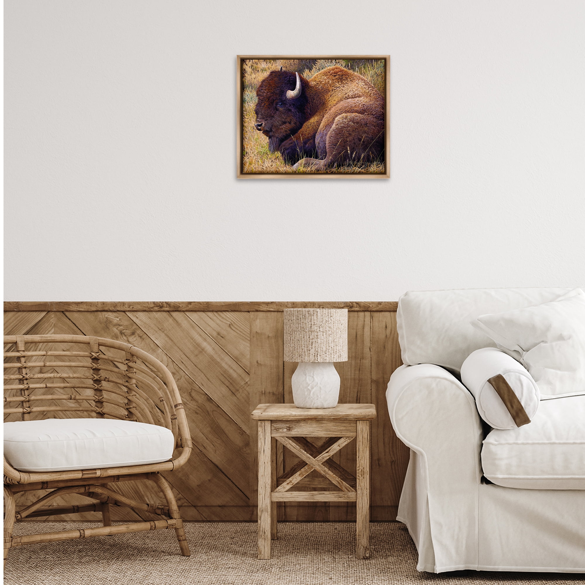 Stupell Industries Relaxing Young Bison Animals Painting Brown Floater Framed Canvas Art Print Wall Art, 21 x 17