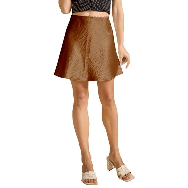 Minifalda Elegante de Cintura Alta con Volantes para Mujer, de Satén Sedoso, con de , Corte A. Marrón XL