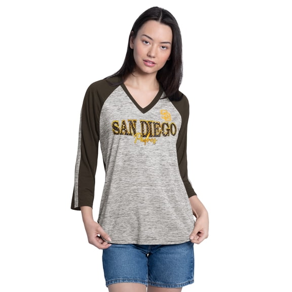 Women's G-III 4Her by Carl Banks Brown/Heather-Brown San Diego Padres Speed Training 3/4-Sleeve Rhinestone V-Neck