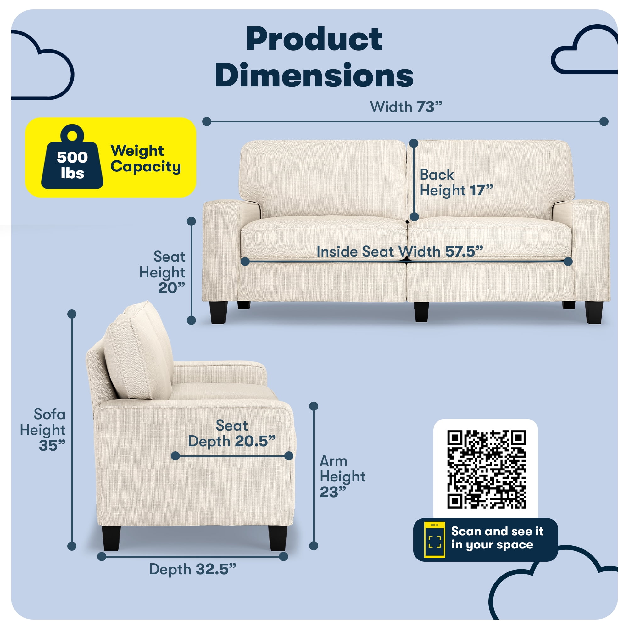 Serta Palisades 73" Track Arm Sofa, Easy Care Polyester, Loveseat or Couch for Small Spaces, Buckwheat Beige