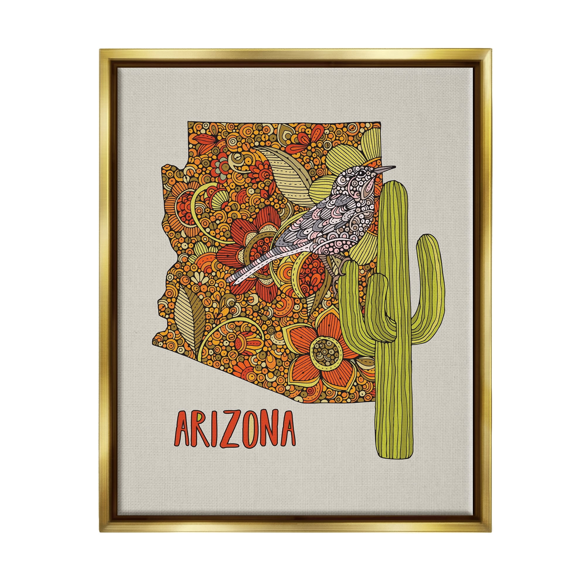 Stupell Industries Arizona State Bird Detailed Cactus Floral Pattern Graphic Art Metallic Gold Floating Framed Canvas Print Wall Art, Design by Valentina Harper