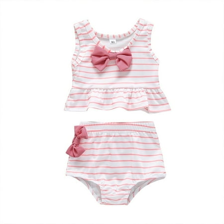 

nsendm Guard Toddler Girls Bathing Kids Swimsuit Girl Suit Bow 2pc Swimwear Bikini Toddler Striped Baby Set Girl Swim Pink 90