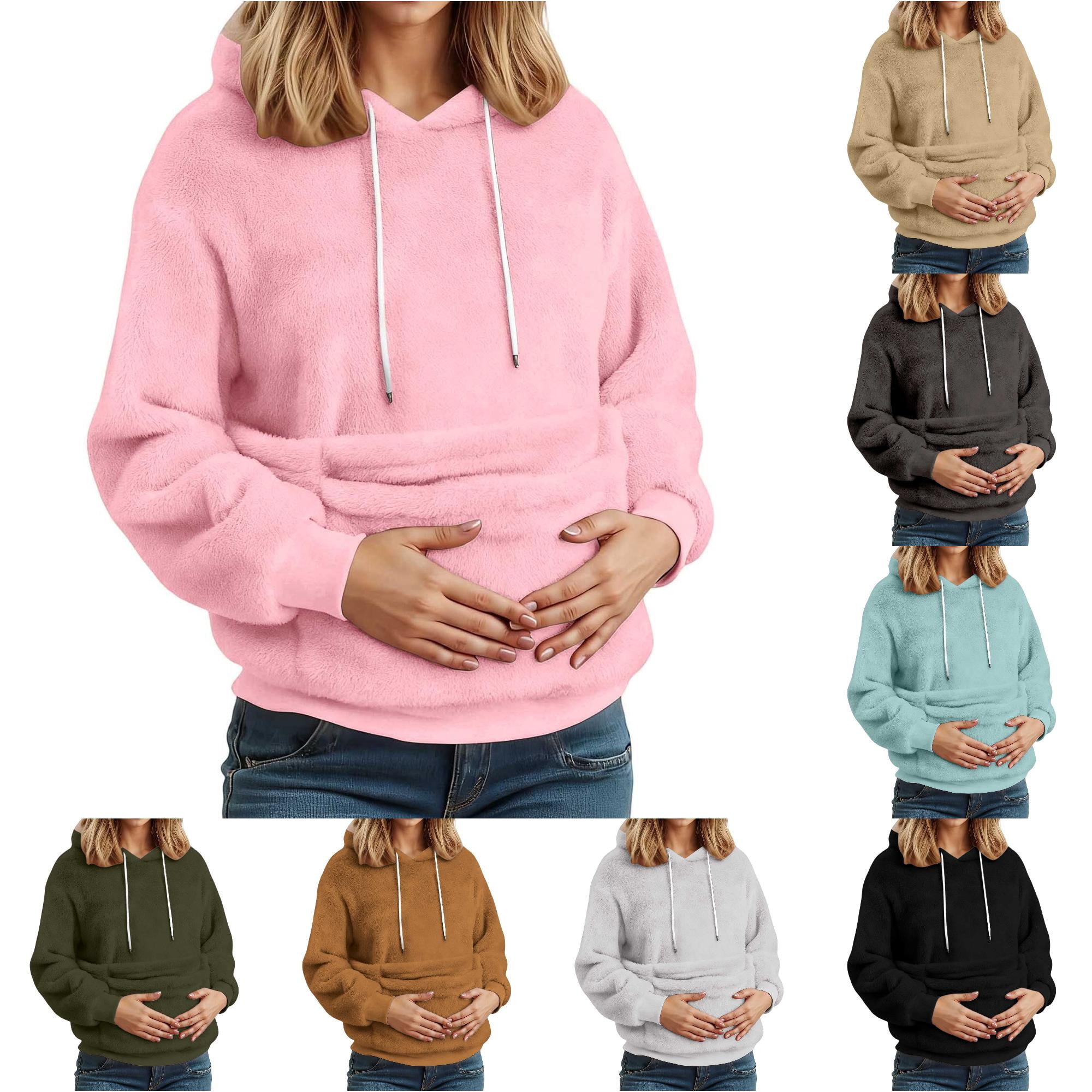 XIAOCHA Fuzzy Pet Carrier Hoodie For Women Solid Long Sleeve Hooded Sweatshirt Casual Pullover Top Light Pink Sizes XL