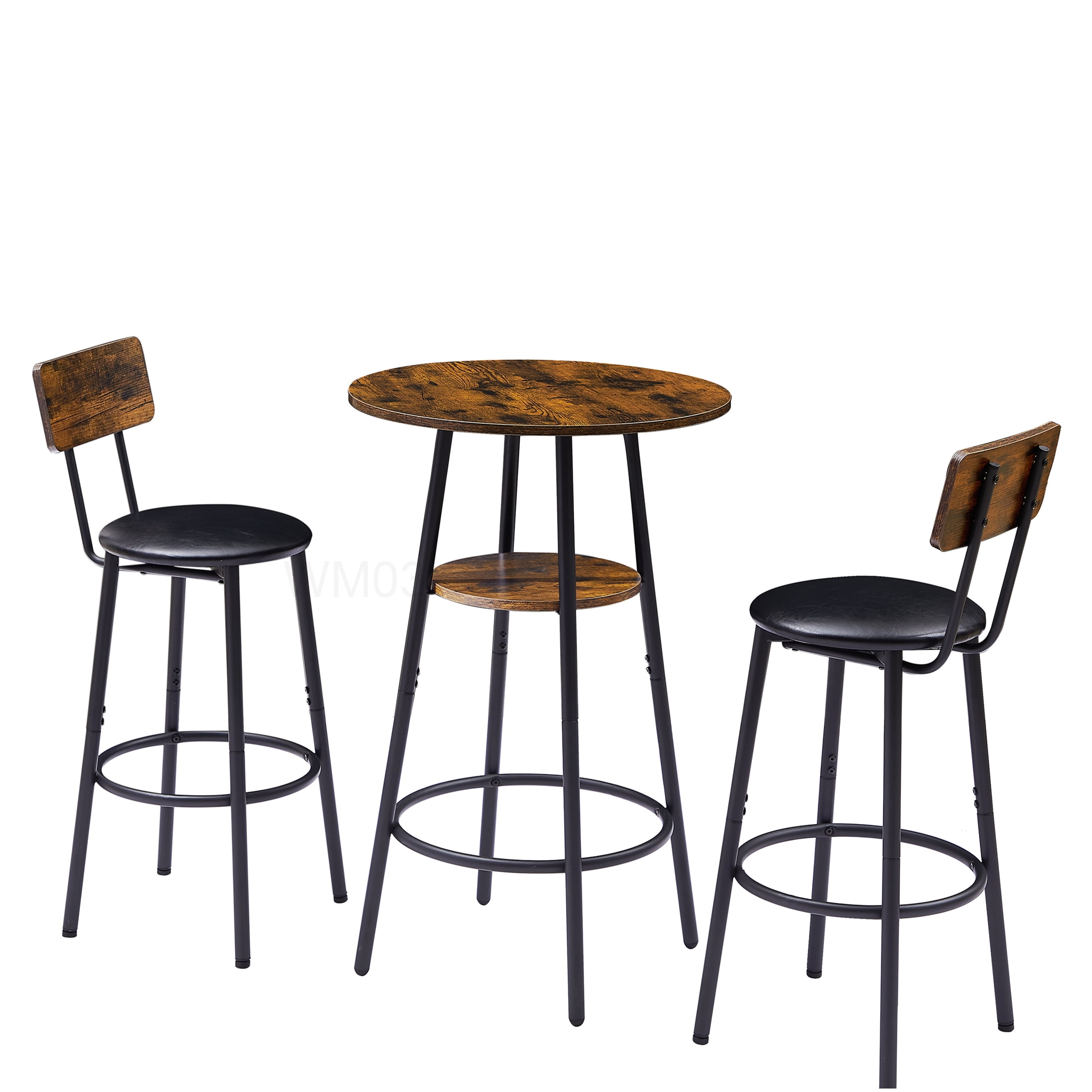 Industrial Style Bar Table Set with 2 Padded Stools, Rustic Brown Finish with Shelf