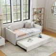 thumbnail image 2 of Twin Size Daybed with Trundle Sofa Bed - Vertical Stripe Linen Upholstery, Beige, Space-Saving Guest Sleeper (82.5x43x30), 2 of 9