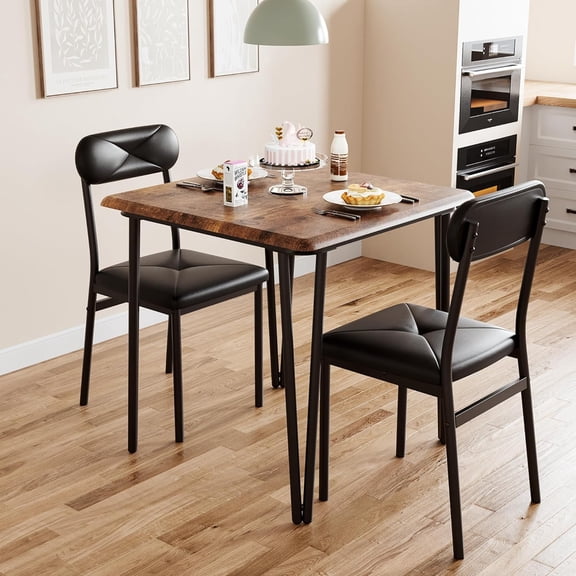 Small Dining Table Set for 2, Small Kitchen Table and Chairs Set of 2, 3Pcs Dining Room Table Set with 2 Upholstered Chairs, Furniture Set Dinette for Small Place, Apartment, Rustic Brown