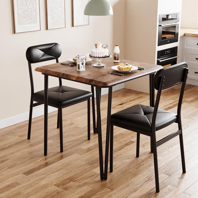 Small Dining Table Set for 2, Small Kitchen Table and Chairs Set of 2, 3Pcs Dining Room Table Set with 2 Upholstered Chairs, Furniture Set Dinette for Small Place, Apartment, Rustic Brown