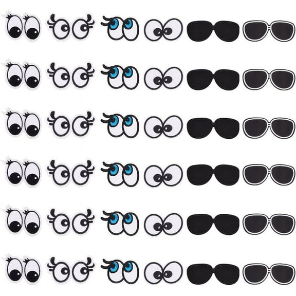 1box 36 pcs 6 style Iron on Eye Patches 2.4~3.2Inch Cloth White Black Sewing Applique Sticker Patch Cute Eye Sunglasses Embroidered Patches for Clothing Repair Jackets Dress DIY Accessories