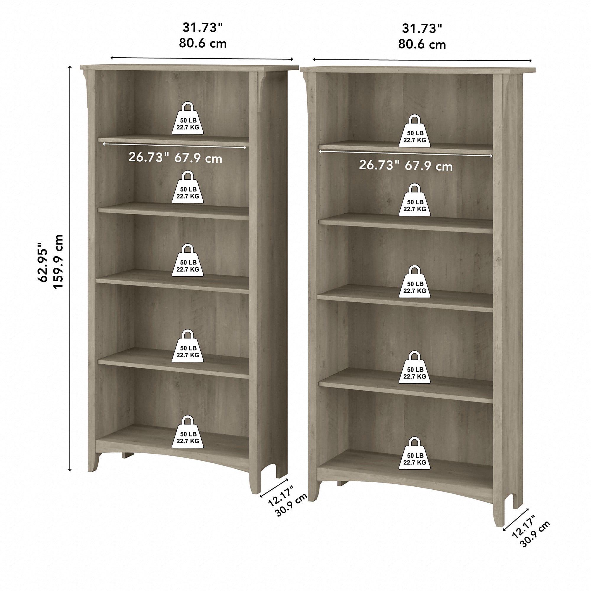 Bush Furniture Salinas Tall 5 Shelf Bookcase, Set of 2, Driftwood Gray