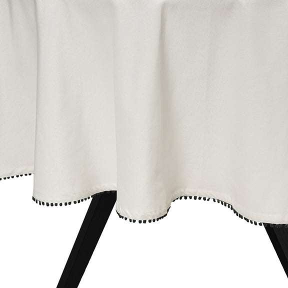 Thyme & Table 70" Round Tablecloth, Ivory with Black Pom Pom Trim
