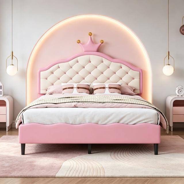 Full Size Pink Princess Bed Frame with Tufted Crown Headboard - PU Leather