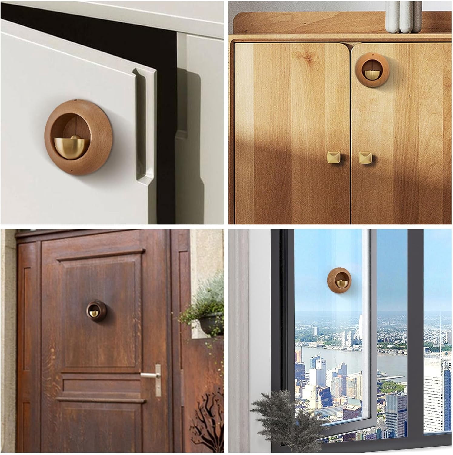 ABPETE shopkeepers bell,2PCS Self-Adhesive Wood Doorbell Chime Shopkeepers Bell with Brass Bell Attached for Door Wall Store Wardrobe Decor (Black Walnut & Golden Teak)