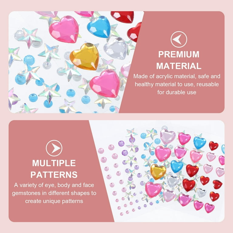 6 Sheets Face Stickers Heart Star Acrylic Gems Stickers Face Stickers Jewels, Size: 5.3x5.3x0.30cm, Other