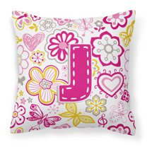 Letter J Flowers and Butterflies Pink Fabric Decorative Pillow