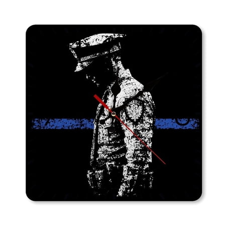 RKSupls 10×10inch Square Silent Wall Clock Wooden Frame, Police Officer Blue Line Silhouette Scale Decorative Clock for Home Bedroom Living Room Office
