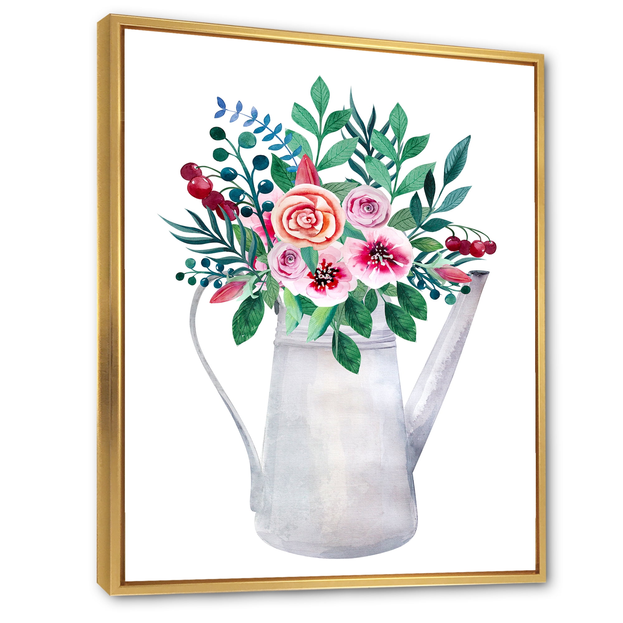 Designart 'Bouquets of Flowers In Rustic Flowering Pot With Berries' Traditional Framed Canvas Wall Art Print