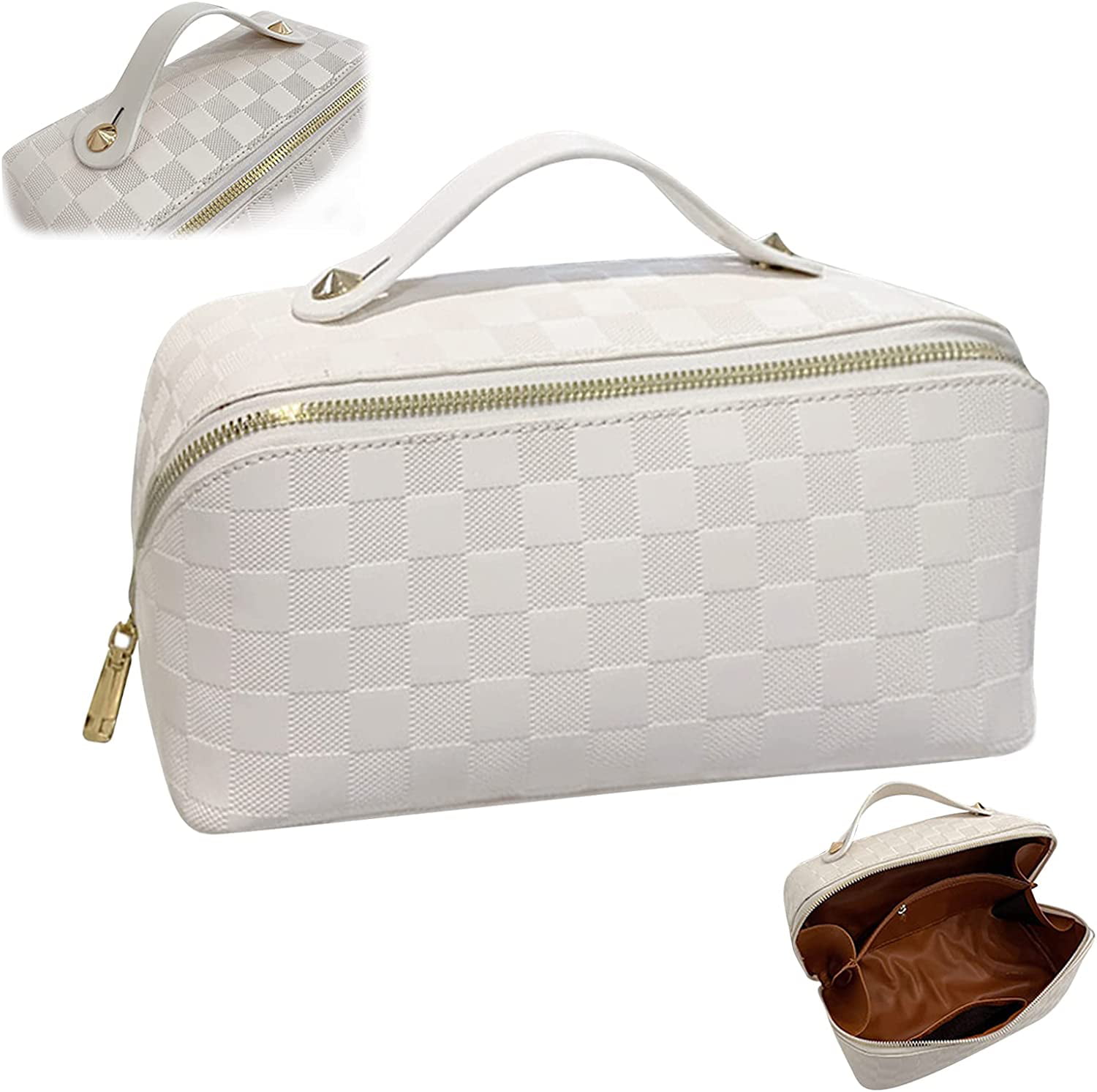IVARONAL Large Capacity Travel Cosmetic Bags for Women Checkered Makeup  White
