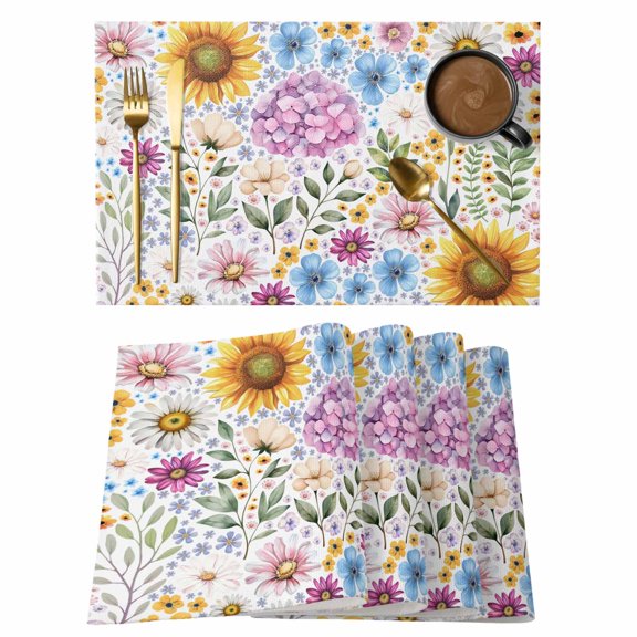 Sunflower Placemats Set of 12, Colorful Flowers Summer Botanical Watercolor Placemats for Dining Table, Place Mats for Kitchen Tabletop, Waterproof Wipeable Dining Table Mats Set