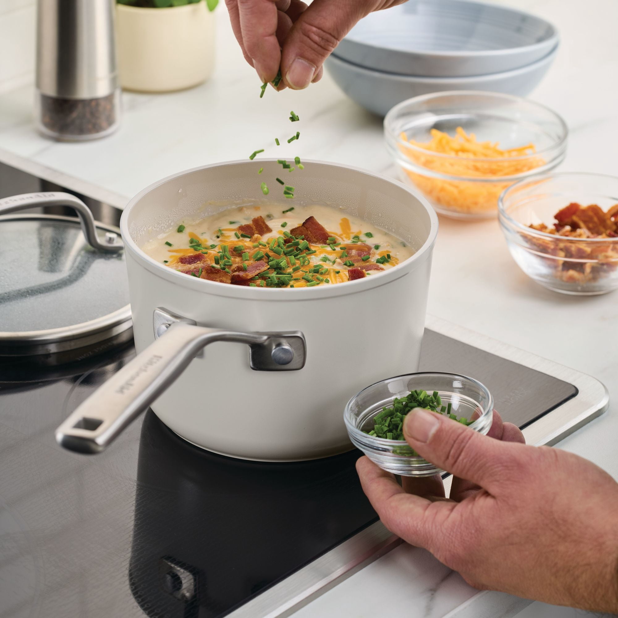 KitchenAid Hard-Anodized 2 Quart Ceramic Induction Saucepan with Lid, Dishwasher Safe and Oven Safe to 500°F, Porcelain White