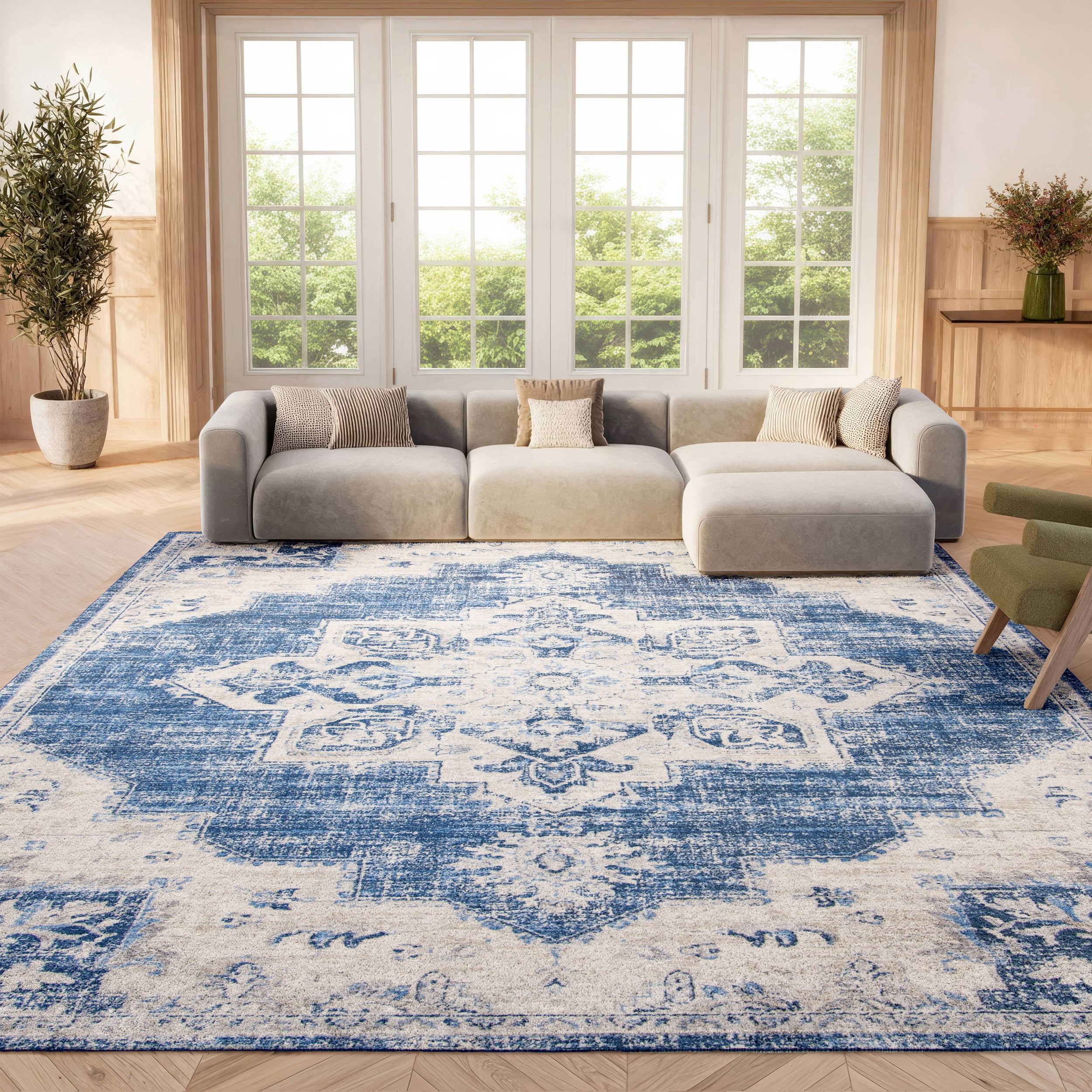 SAFAVIEH Brentwood Salah Oriental Area Rug, Ivory/Navy, 5'3" x 7'6"